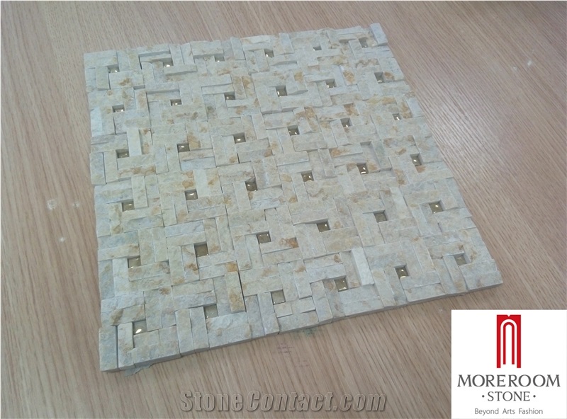 Beige Marble Honed Basketweave Mosaic Pattern Tile with Golden Dots