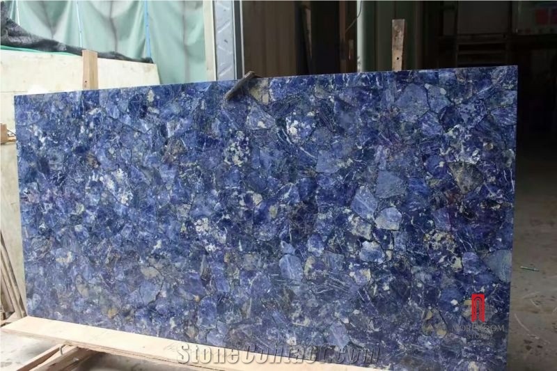Blue Semiprecious Stone Slab Used in Dubai with Led Light