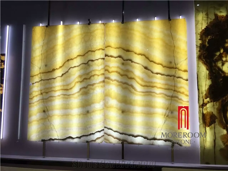 Bookmatch Design Led Light Translucent Yellow Onyx Slabs & Tiles