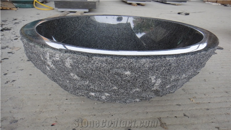 China Dark Grey Oval Sink, Polished Inside and Natural Outside Wash Sink, G654 Round Basin, Winggreen Stone