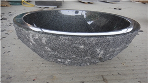 China Dark Grey Oval Sink, Polished Inside and Natural Outside Wash Sink, G654 Round Basin, Winggreen Stone