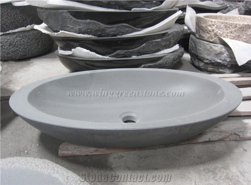 China Grey Bathroom Sink, Oval Wash Basin, Honed Mat Grey Granite Oval Basin, Winggreen Stone