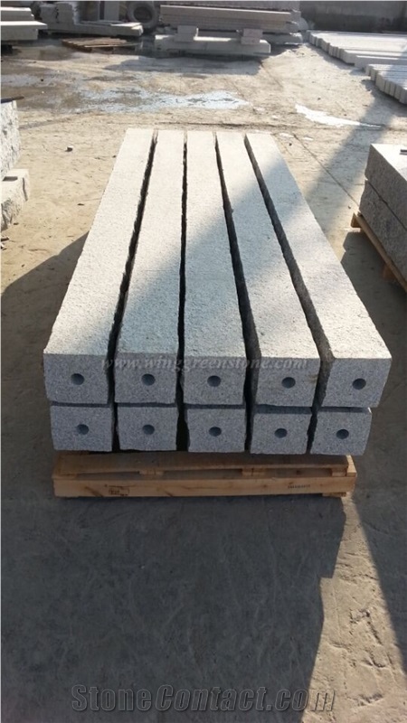 China Light Grey Palisade, Light Grey Granite Pillar With/Without Hole, Flamed Surface, Winggreen Stone