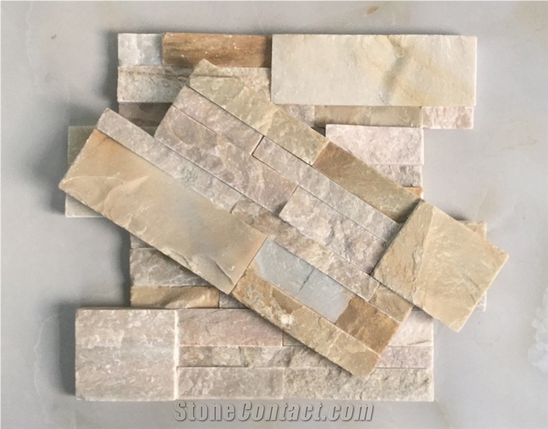 On Sale China P014 Golden Yellow Slate Cultured Stone/Wall Cladding/Stacked Stone Wall Panel/Manufactured Stone Veneer