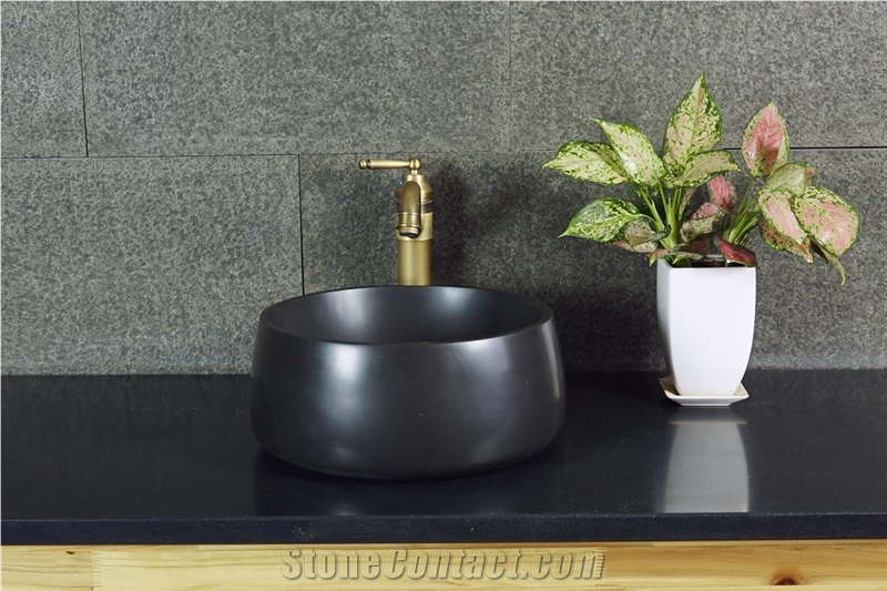 China Black Mongolian Black Basalt Polished Washbasin, Sink, Bathroom Sink