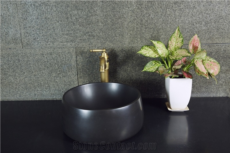 China Black Mongolian Black Basalt Polished Washbasin, Sink, Bathroom Sink