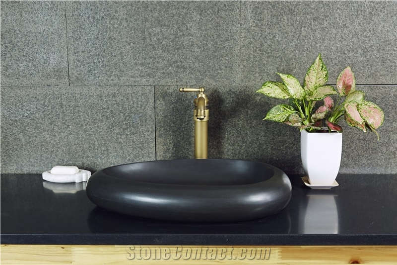 China Black Mongolian Black Basalt Polished Washbasin, Sink, Bathroom Sink, Top