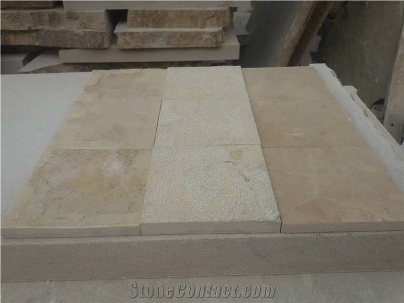 China Yellow Limestone Honed Cleft Sandblast Bushhammered Split Floor Wall Tiles