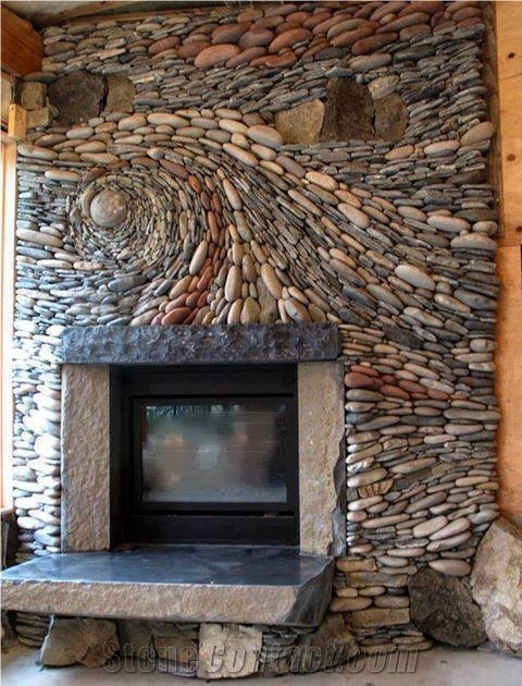 Fireplace Design with Natural Pebble Stones