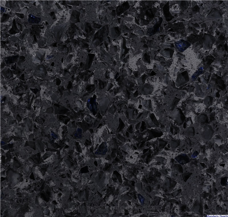 Beautiful Black Artificial Quartz Stone Tile & Slab with Blue Glass - Stellar Series, for Kitchen Application Thickness 2cm or 3cm with Quality Guaranteed Wholesale