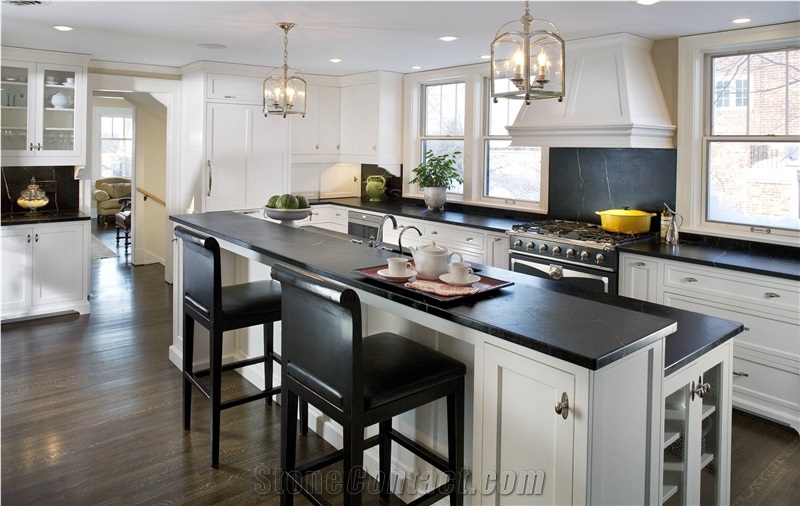 Black Minas Soapstone Oiled Leathered Kitchen Countertops From