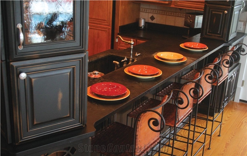 Black Minas Soapstone Oiled, Leathered Kitchen Countertops