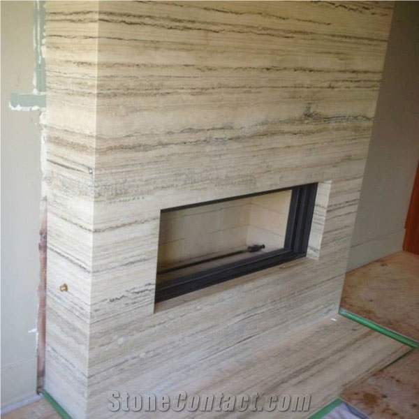 Ocean Blue Vein Cut Travertine Slab Fireplace - Book Matched