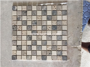 Noce Travertine Tumble Stone Mosaic Tile Beige from Turkey Marble Mix Emperador Tumble Spain Mix Botticino 25x25mm Marble Mosaic for Interior Wall and Floor Applications, Mosaic