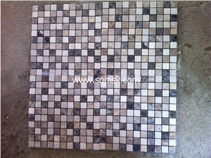 Noce Travertine Tumble Stone Mosaic Tile Beige from Turkey Marble Mix Emperador Tumble Spain Mix Botticino 25x25mm Marble Mosaic for Interior Wall and Floor Applications, Mosaic
