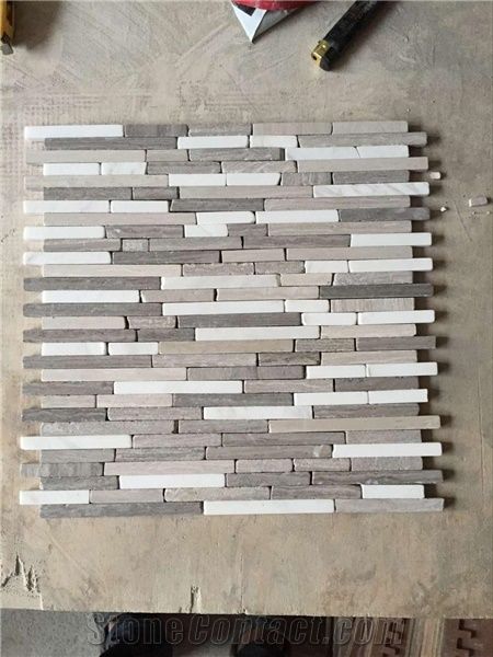 Wooden Grey stone mosaic tile,Wooden Vein ,Wooden Grain,Chinese Wooden Tumble Irregualr Length Mix Volakas White,marble mosaic Linear Strips Marble Mosaic for Wall,Background,Bathroom,Floor Decoration