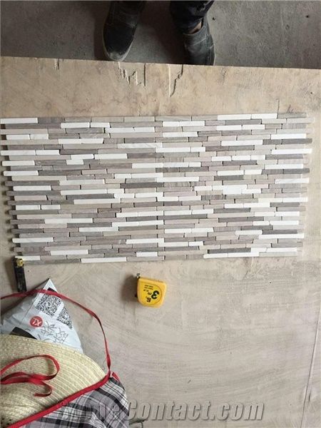 Wooden Grey stone mosaic tile,Wooden Vein ,Wooden Grain,Chinese Wooden Tumble Irregualr Length Mix Volakas White,marble mosaic Linear Strips Marble Mosaic for Wall,Background,Bathroom,Floor Decoration