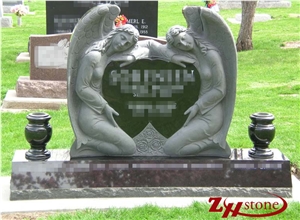 Good Quality Double Hearts with Engraving Double Angels Shanxi Black/ Absolute Black/ China Black Granite Western Style Tombstones/ Engraved Tombstones/ Engraved Headstones/ Angel Monuments/ Graveston