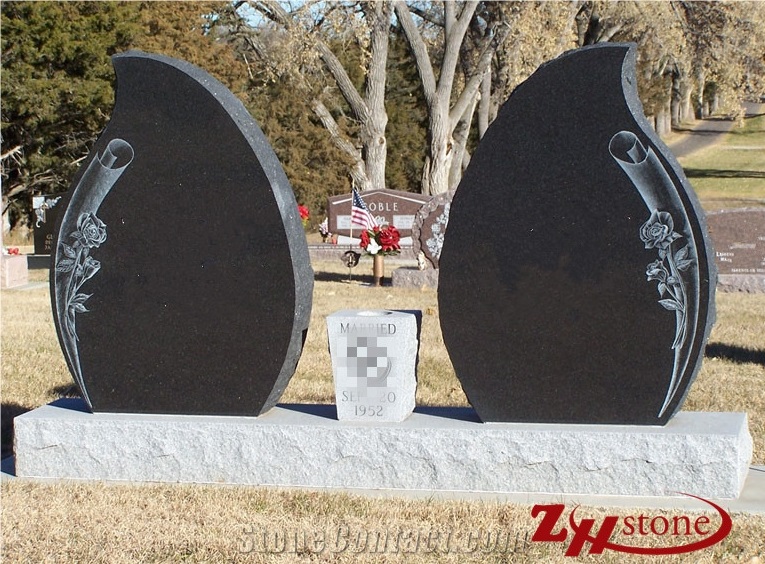 Good Quality Double Tear Drop Absolute Black/ Shanxi Black/ Indian Black Granite and Seame White/ G603 Granite Monument Design/ Western Style Monuments/ Double Monuments/ Gravestone/ Custom Monuments