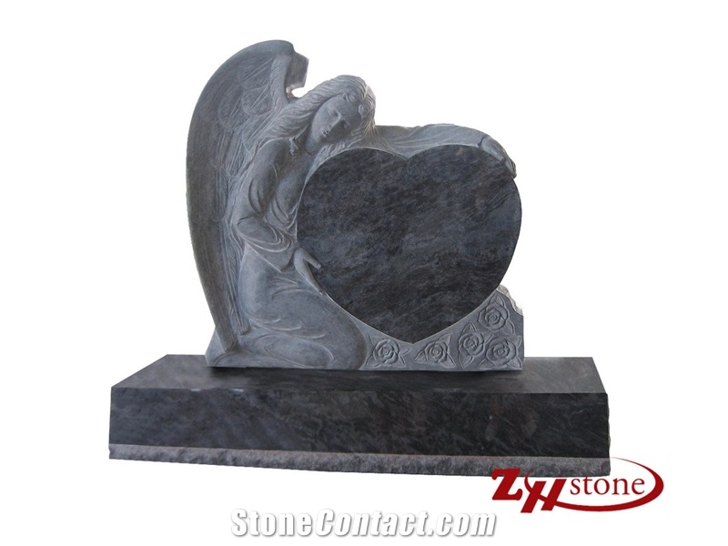Good Quality Heart Shaped with Tearing Angel and Rose Carving Absolute Black/ Shanxi Black/ China Black Granite Heart Tombstones/ Headstones/ Engraved Headstones/ Angel Monuments/ Custom Monuments