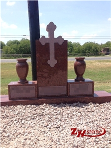 Good Quality Polished Straight with Bonotee Cross Indian Red/ Imperial Red Granite Western Style Tombstones/ Cross Tombstones/ Upright Monuments/ Family Monuments/ Headstones