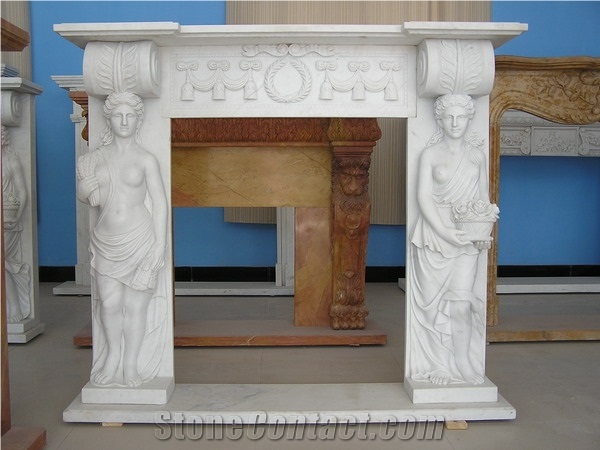 Good Quality Handcarved Figure Fireplace Mantel, White Marble Fireplace Mantel