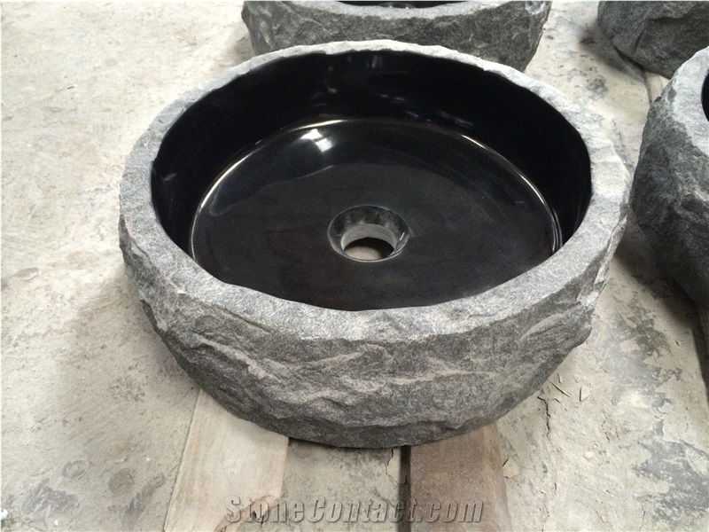 Shanxi Black Granite Stone Bathroom Sink with Natural Outside