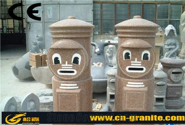 Red China Granite Stone Mailbox Style,Natural Stone Garden Lamps,Granite Trash Can