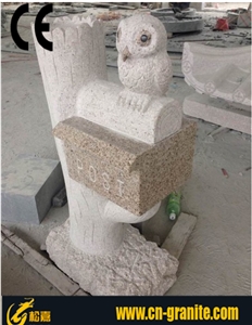 Yellow Granite G682 Stone Garden Mailbox,Postbox with Owl Carving Stone,Exterior Lantern Letter Boxes