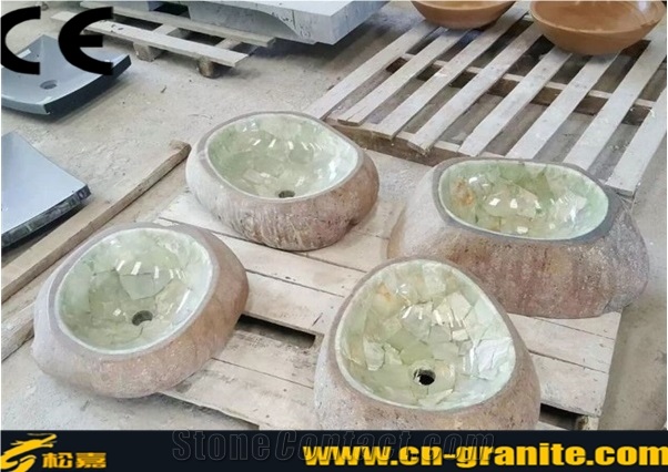 Yellow with Green Mosaic Basin,China Granite River Stone Round Sinks,Oval Basins