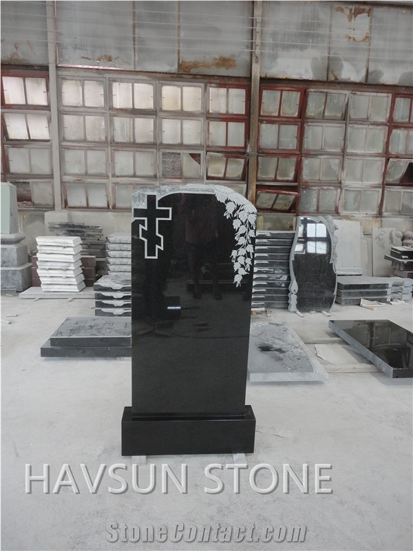 Absolute Black Granite Monument, with Cross,Leaves，Headstone-Am4