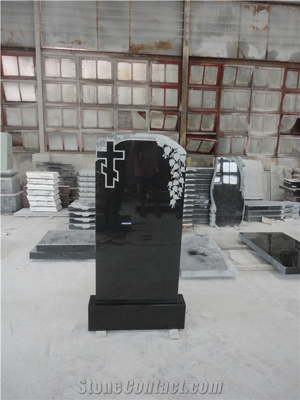 Absolute Black Granite Monument with Leaves and Cross-Am4-1100*550*80mm