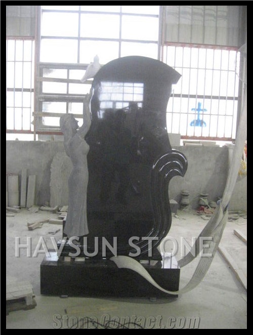 Absolute Shanxi Black Granite Monuments/Tombstones with Statue Of Peace Dove/Pigeon and Girl