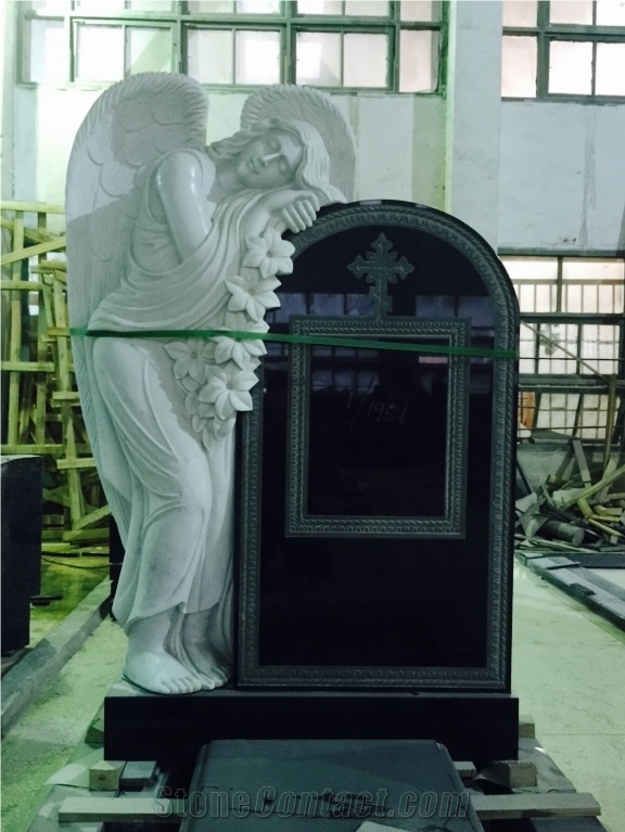 Black Granite Monument Combined White Marble Angel Tombstone