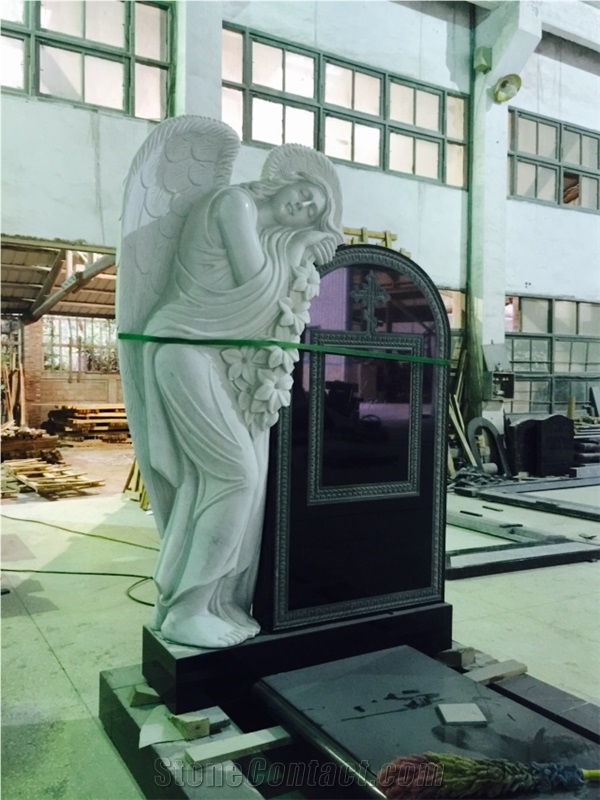 Black Granite Monument Combined White Marble Angel Tombstone