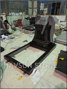 Black Granite Monument/Tombstone with Angel, Angel with Wings, Sleeping