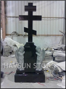Black Granite Monuments/Tombstones with Two Angels and a Cross