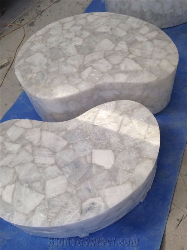 White Quartz Semiprecious Stone Coffee Tables Top