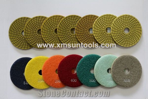 Yellow Spiral Stone Polishing Pads, 4" Wet Pads for Granite and Other Nature Stone,2.7mm Thickness,Fast Polishing,Long Lifespan