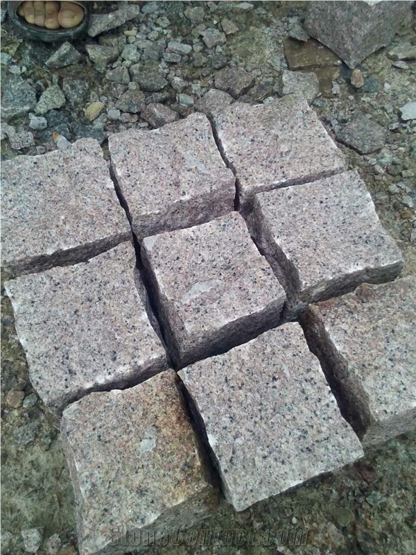 G354 Qilu Red Granite Top Flamed Sides Split Bottom Split Cobble Stone Paver for Driving Road Garden Road