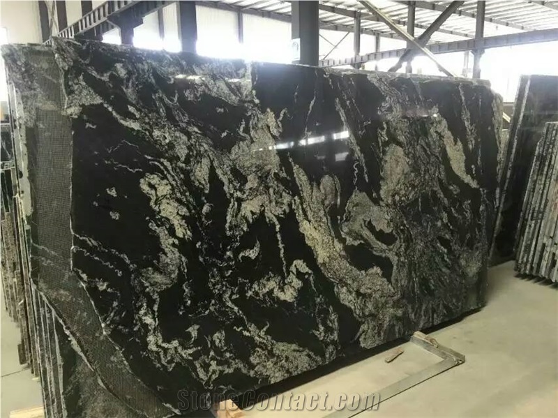 Gold Veins Black Granite Big Polished Slabs, China Black Granite
