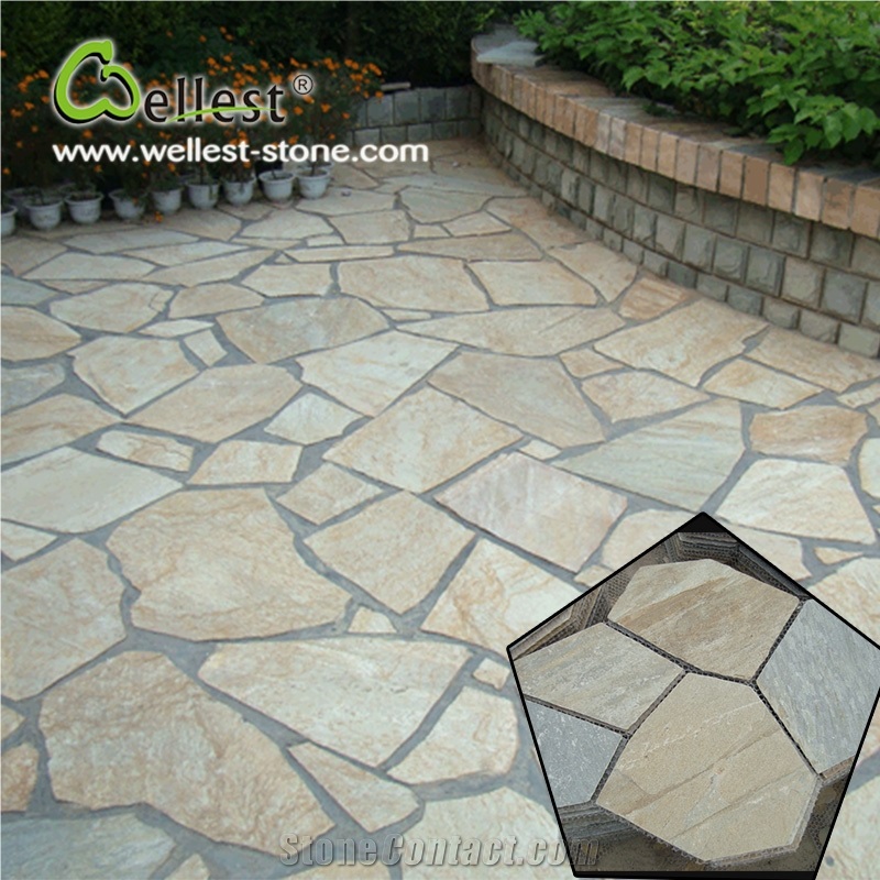Best Price Yellow Wood Meshed Slate Flagstone Floor Covering Pavers