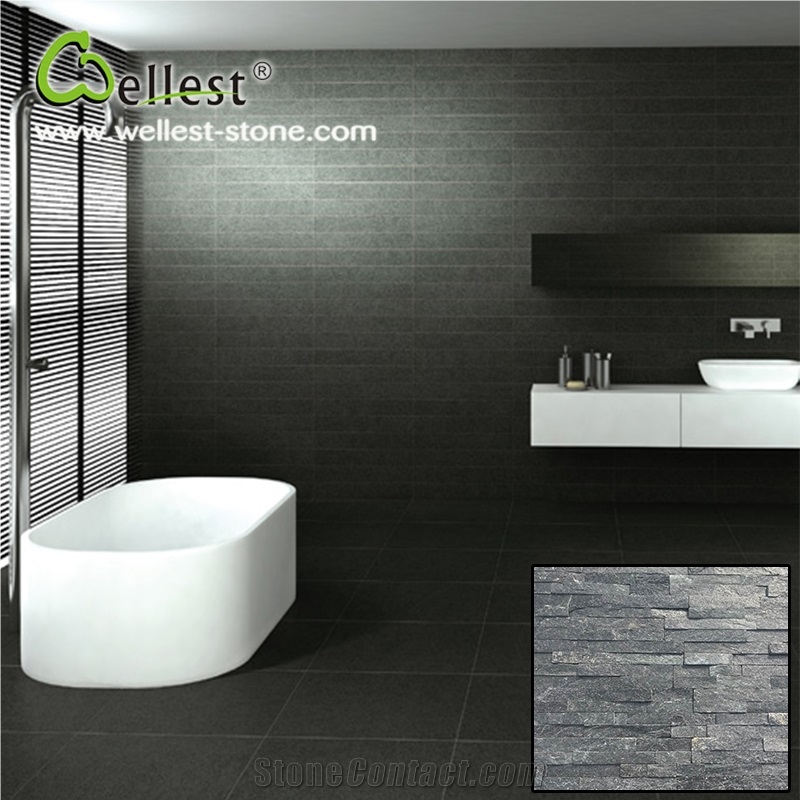 Black Quartzite Cultured Stone Honed Surface Bathroom Wall Tile