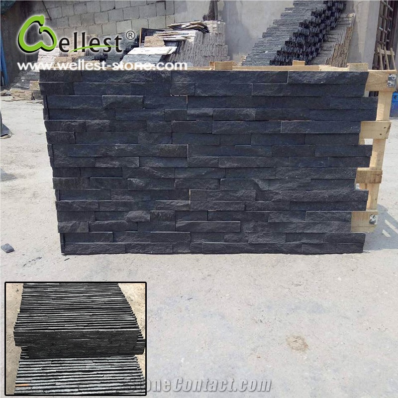 Black Quartzite Ledge Culture Stacked Stone Pannel for Garden Feature Wall Vaneer Cladding Decor and Pool Waterfall