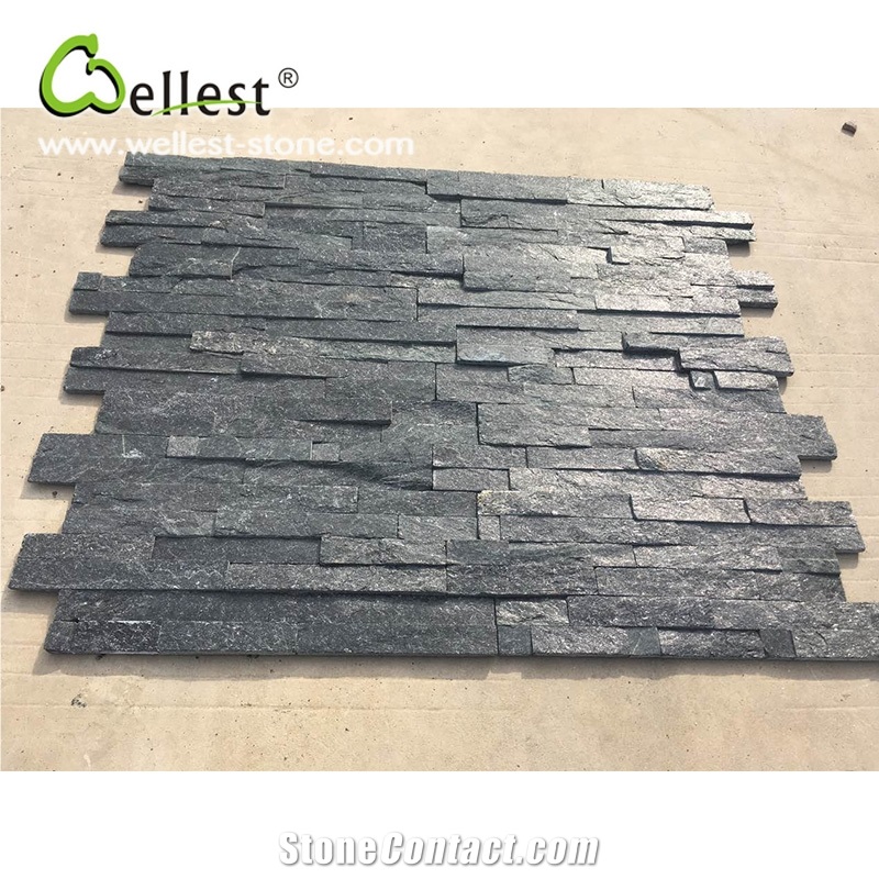 Black Quartzite Ledge Culture Stacked Stone Pannel for Garden Feature Wall Vaneer Cladding Decor and Pool Waterfall