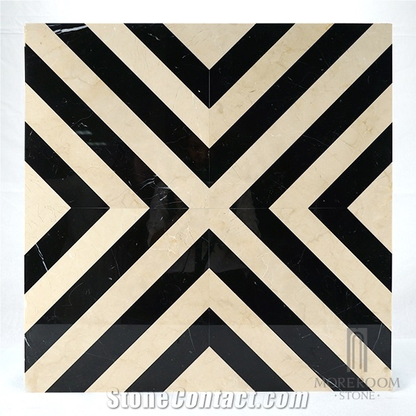 Hot Sale Water Jet Black and White Cross Design Laminated Marble Tile