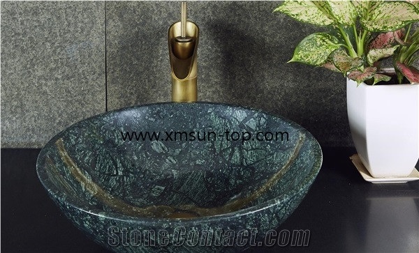 Green Granite Wash Basin, Natural Stone Sink, Round Verde Granite Wash Basin & Bathroom Sink & Washbasin, Vert Basins & Sinks