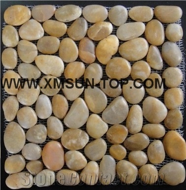 Yellow Pebble Mosaic/Natural River Stone Mosaic Wall Tiles/Beige Polished Pebble Floor Tiles/Pebble Mosaic in Mesh/Irreguilar Pebble Mosaic/Pebble Mosaic for Bathroom&Kitchen/Interior Decoration