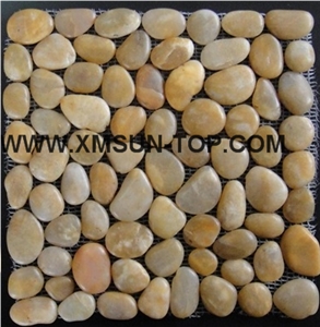 Yellow Pebble Mosaic/Natural River Stone Mosaic Wall Tiles/Beige Polished Pebble Floor Tiles/Pebble Mosaic in Mesh/Irreguilar Pebble Mosaic/Pebble Mosaic for Bathroom&Kitchen/Interior Decoration