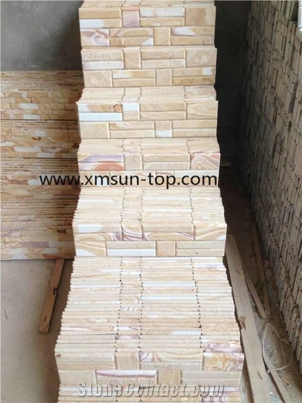 Yellow Wooden Vein Sandstone Cultured Stone, Beige Wood Vein Sandstone Nature Cultured Stone Panel, Split Face, Wall Panel, Ledge Stone, Veneer,Stacked Stone,Decorative Stone for Interior and Exterior